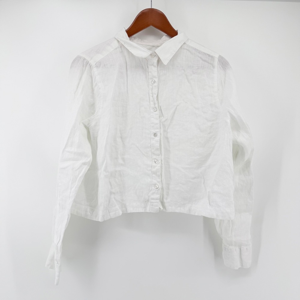 Joie Women's Size L White 100% Linen Crop Button Down Long Sleeve Blouse Coastal